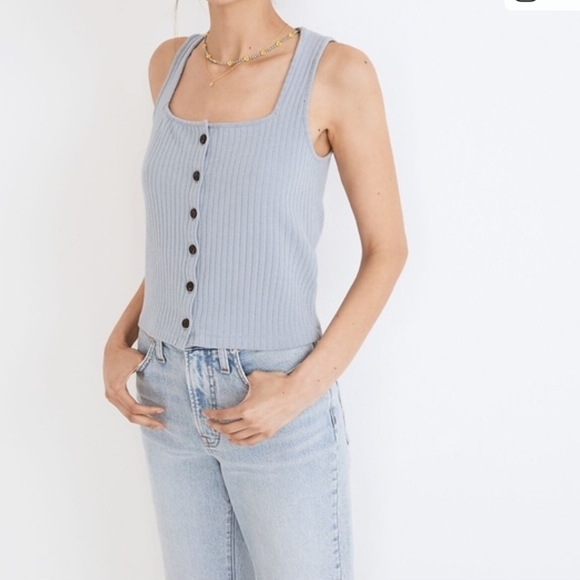 Madewell Blue Ribbed Button-Down Tank Top - Picture 5 of 8